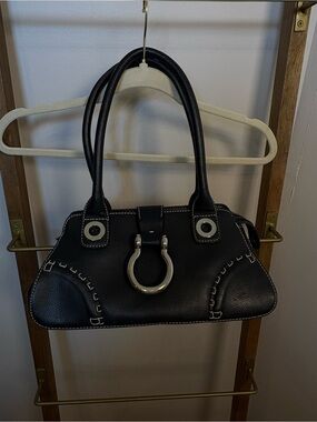 Black Women's Leather Satchel Handbag with Silver Hardware